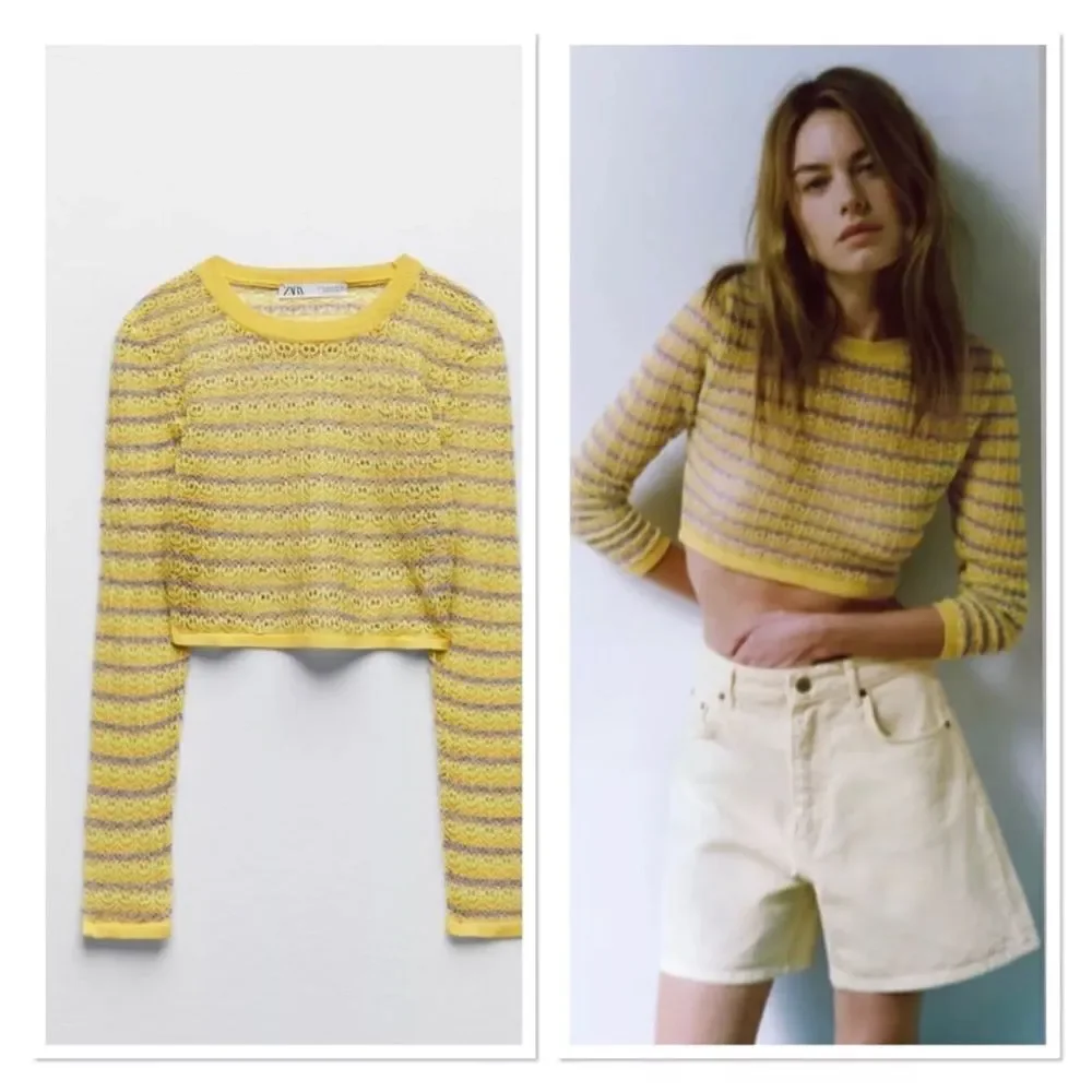 BNWT Zara Yellow Pointelle Knit Crop Sweater Medium Boho Festival Top - Picture 8 of 16